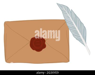 Vintage letter with wax seal and feather pencil Stock Vector