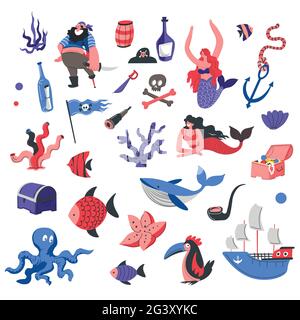 Marine and nautical theme, pirates and mermaids Stock Vector