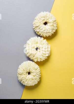 Shag donuts on yellow background, copy space Stock Photo