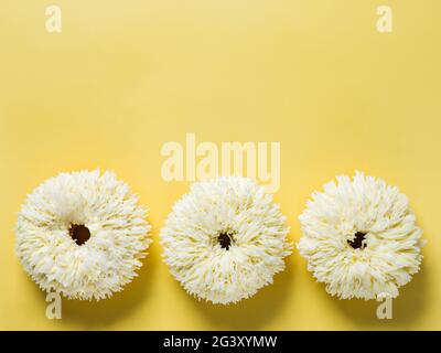 Shag donuts on yellow background, copy space Stock Photo