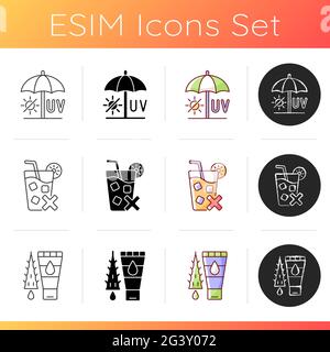 Sunstroke risk during summer icons set Stock Vector