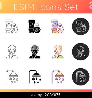 Heatstroke risk during summer icons set Stock Vector