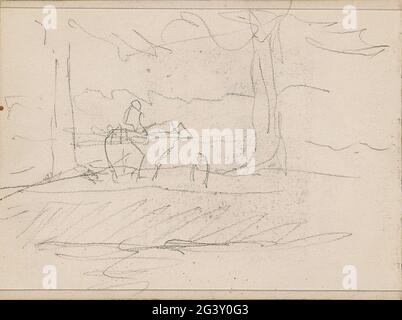 Rider between two trees. Leaf 27 Verso from a sketchbook with 33 sheets. Stock Photo