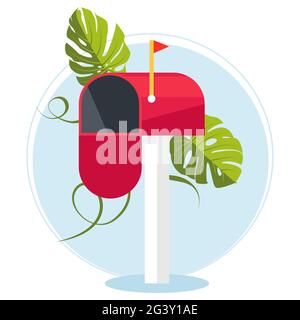 Red mailbox on a stick. Communication between people. Place for envelopes, correspondence. The work of the post office. Send mail. Stock Vector