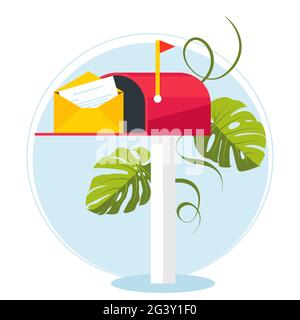 Red mailbox on a stick with a letter. Communication between people. Place for envelopes, correspondence. The work of the post office. Send mail. Stock Vector