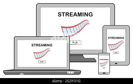 Video streaming concept shown on different information technology devices Stock Photo