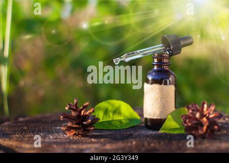 Essential oil, glass bottle - empty label on green blurred background. MOCKUP Stock Photo