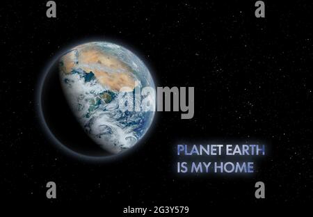 our planet is our home text title in outer space. elements of this image furnished by nasa Stock Photo
