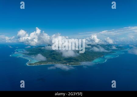 Aerial view of Moorea Island, Moorea, Windward Islands, French Polynesia, South Pacific Stock Photo
