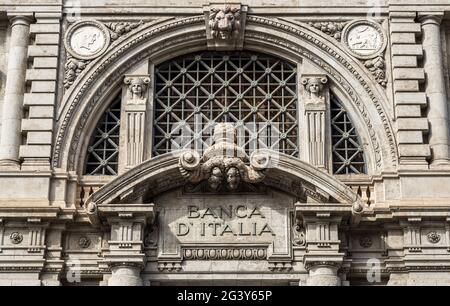 Palermo, Sicily, Italy - October 17, 2017: The facade of the historic bank of Italy in Palermo. Stock Photo