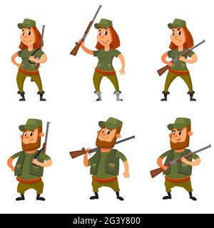 Set of hunters in different poses. Male and female characters in cartoon style. Stock Vector