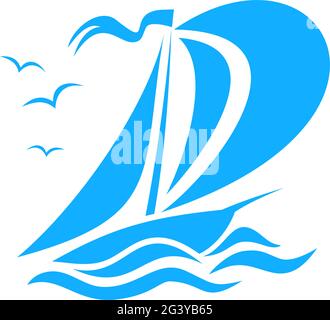 Sailing yacht at sea with waves surrounded by seagulls. Vector on transparent background Stock Vector