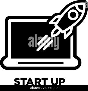 Business start up icon. Rocket launches from the laptop screen. Vector on transparent background Stock Vector