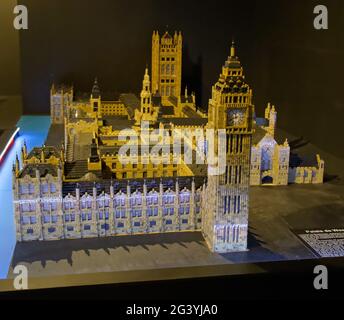 Lego model of Big Ben in the Ludovica Miniland exhibition in Place Laurier, Quebec City, Canada Stock Photo