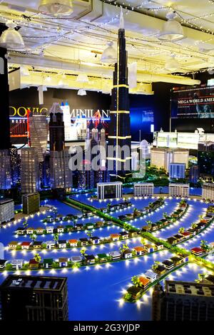 Lego model of the Dubai Palm Islands and Burj Khalifa in the Ludovica Miniland exhibition in Place Laurier, Quebec City, Canada Stock Photo