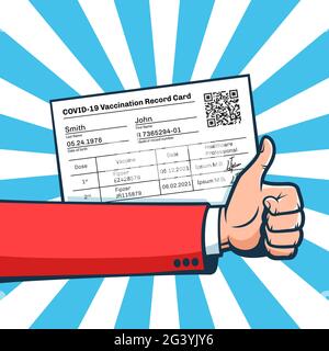 Vaccination certificate and thumbs up Stock Vector