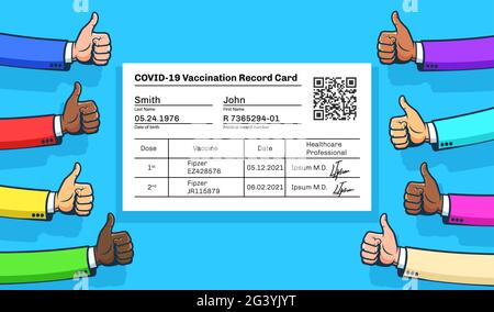 Vaccination record card with thumbs up Stock Vector