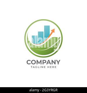 Mindful Saving Logo Design Concept With Leaf Shape, Bar Chart And Level Up Arrow Element. Illustrates The Financial Mindfulness. Stock Vector