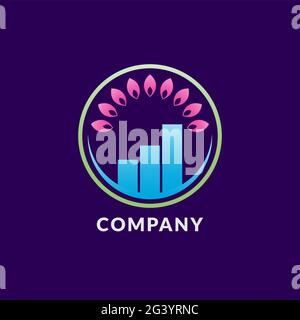 Mindful Saving Logo Design Concept With Pink Lotus Petals Shape And Blue Bar Chart Inside A Green Circle, Illustrates The Mindfulness Financial Stock Vector