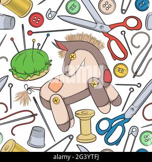 Vector seamless pattern with sewing accessories and toy donkey. Stock Vector