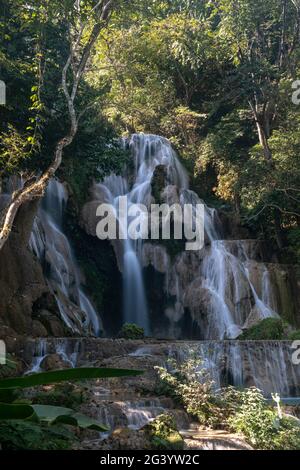 Lower area of the main waterfall at the Kuang Si Falls, Kuang Si, Luang Prabang Province, Laos, Asia Stock Photo