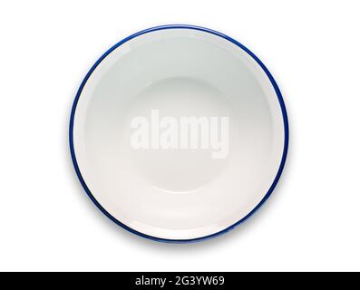 top view of white enamel bowl with blue rim isolated on white background Stock Photo