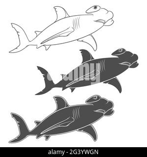 Vector set of illustrations depicting the hammer shark. Isolated objects on a white background. Stock Vector