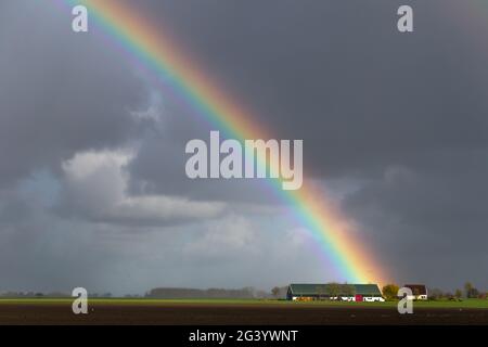 A rainbow and gray rain clouds over a field in the Netherlands Stock Photo