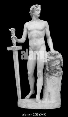 David and Goliath head ancient statue. Biblical story. Antique sculpture isolated on black background Stock Photo