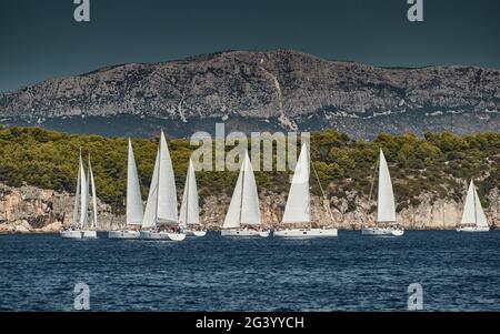 Beautiful sea landscape with sailboats, the race of sailboats on the horizon, a regatta, a Intense competition, bright colors, i Stock Photo