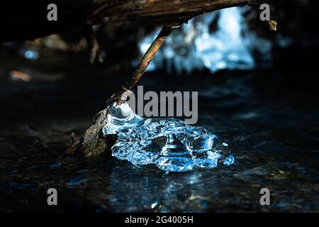 Ice crystals on roots and branches in a stream in the Westerwald, Germany Stock Photo