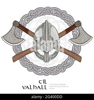 Viking helmet, crossed viking axes and in a wreath of Scandinavian pattern Stock Vector