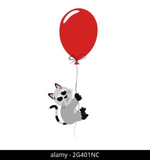 Beautiful flat illustration with cute kitten for nursery decor. Little gray cat flies on red balloon. Original print for birthday gift card Stock Vector