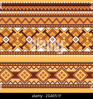 Original seamless pattern of stripes with geometric ornament in ethno style. Ocher coloring. Stock Vector