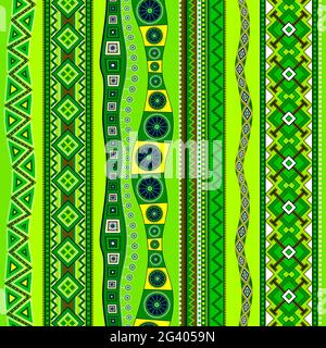 Seamless pattern with alternating straight and winding vertical lines. Ribbons of various geometric designs from circles, rhombuses and triangles. Stock Vector