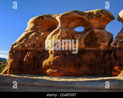 A sandstone formations, weathered to form almost a face, in the Devil’s Garden in Escalante-Grand Staircase National Monument, Utah, USA Stock Photo