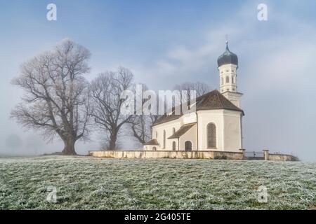St. Andreas in November morning mist, Etting, Polling, Upper Bavaria, Bavaria, Germany Stock Photo