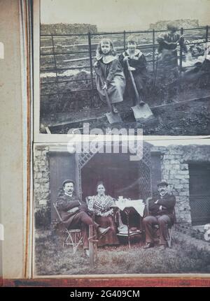 1900 authentic vintage photographs of 3 children digging and 3 adults sitting drinking tea in garden. Concept of family life, nostalgia, relationship Stock Photo