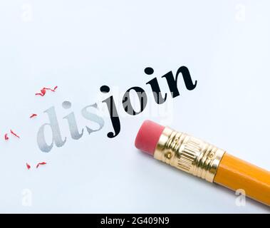 Word  disjoin  and pencil with eraser close-up Stock Photo