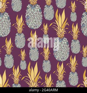 Vector seamless pattern with different sizes pineapples. Exotic fruit design. Stock Vector