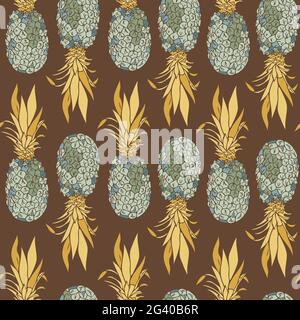 Vector seamless pattern with decorative pineapples on brown background. Exotic fruit design. Stock Vector