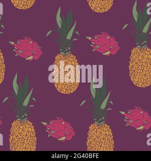 Vector seamless pattern with pineapples and dragon fruits. Ananas and pitaya bright colours design. Stock Vector