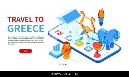 Travel to Greece - colorful isometric web banner with copy space for text. Greek culture and art idea. Vase, Parthenon, Trojan horse, theater, poetry Stock Vector