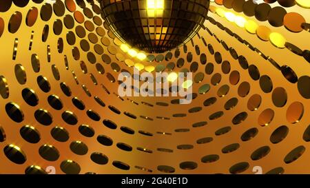 Sparkling disco ball and many golden coins, computer generated. 3d rendering festive background Stock Photo