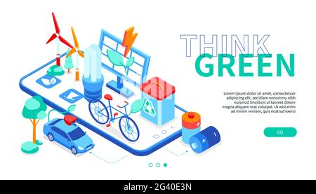 Think green - modern colorful isometric web banner with copy space for text. Waste sorting, energy saving idea. Solar panel, wind turbines, electric c Stock Vector