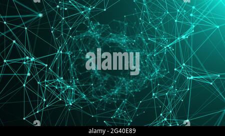 Computer generated connection dots tunnel. Lines and points form geometric surfaces. 3d rendering abstract space background. Stock Photo