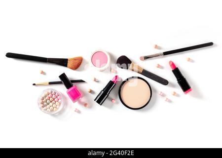Makeup tools, shot from the top on a white background with a place for text Stock Photo