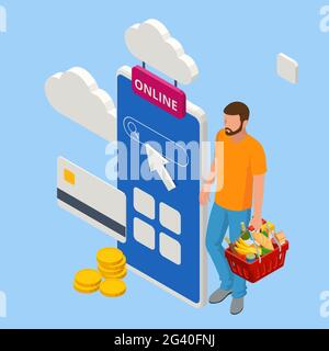 Isometric man order online in internet supermarket. Grocery online shopping application on smartphone screen with food at home. Shopping bag with Stock Vector