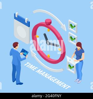 Isometric time management concept. Planning training activities schedule checkpoints. Event management, business management, e-commerce, time Stock Vector