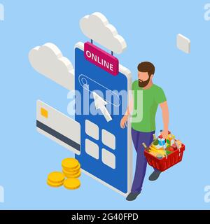 Isometric man order online in internet supermarket. Grocery online shopping application on smartphone screen with food at home. Shopping bag with Stock Vector